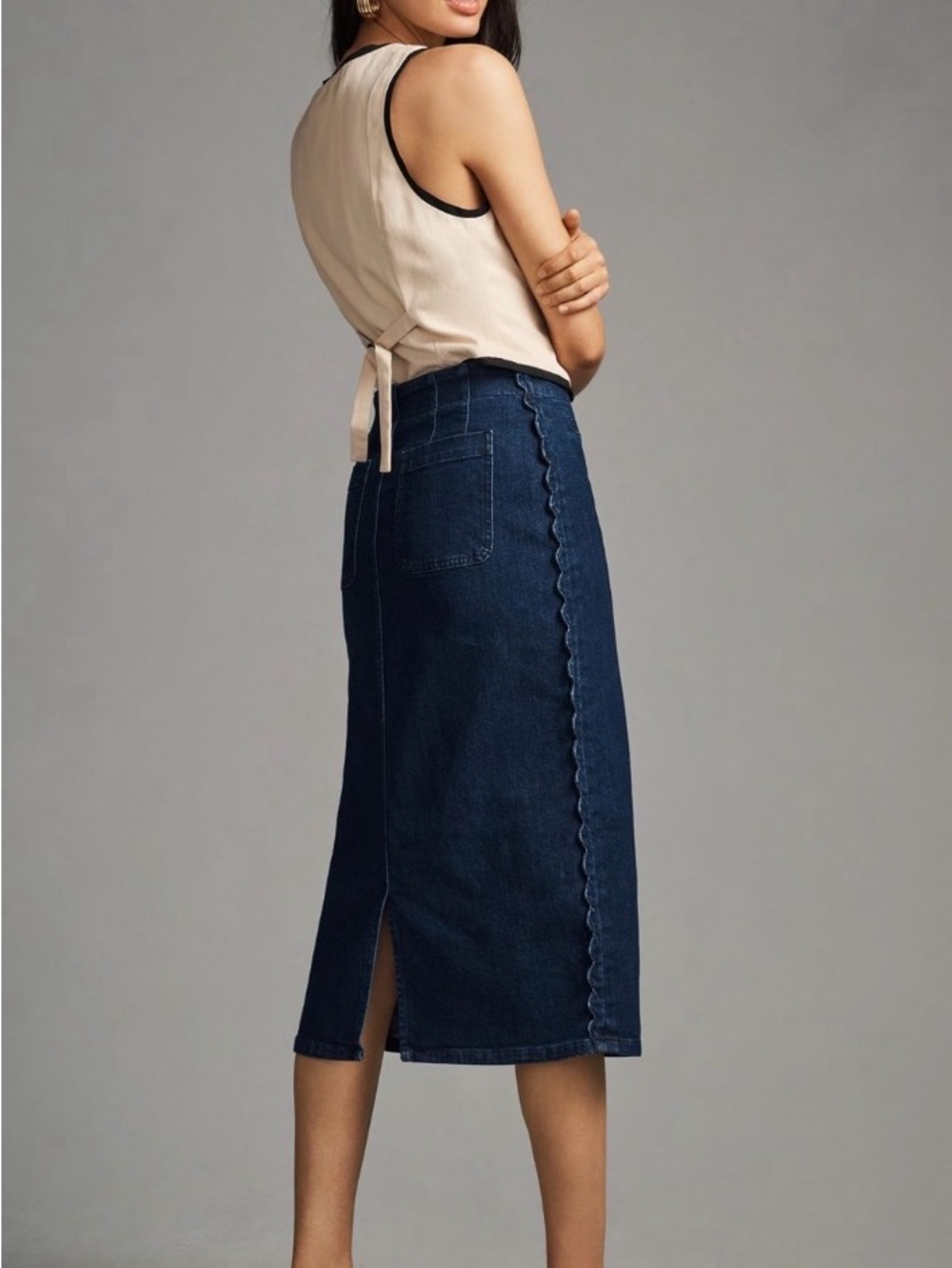 Maeve Dark Indigo Scallop-Trim Denim Midi Skirt